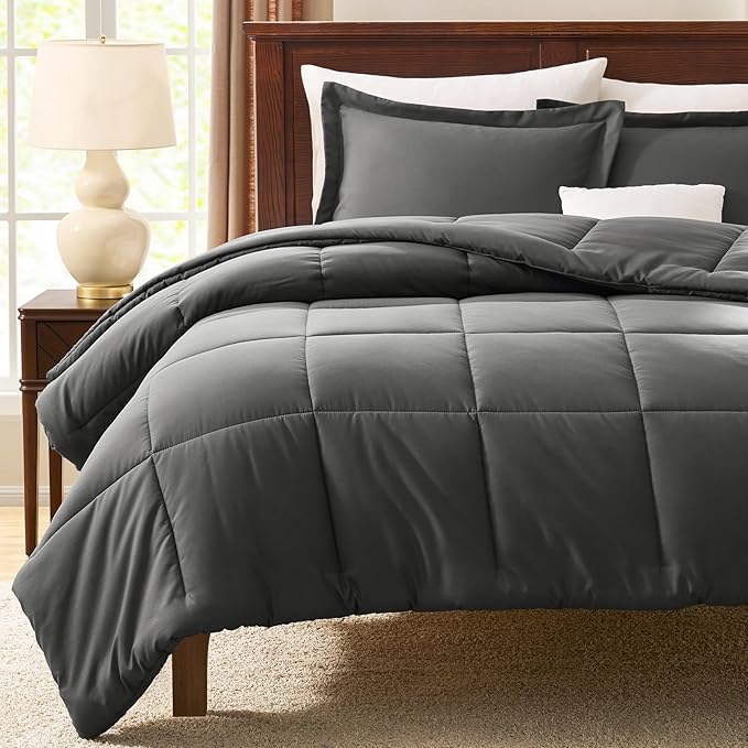 CozyLux Queen Comforter Set - Dark Grey Comforter Queen Size, 3 Pieces Box Stitched Bed Set for All Seasons, Soft Lightweight Bedding Sets with 1 Down Alternative Comforter and 2 Pillow Shams