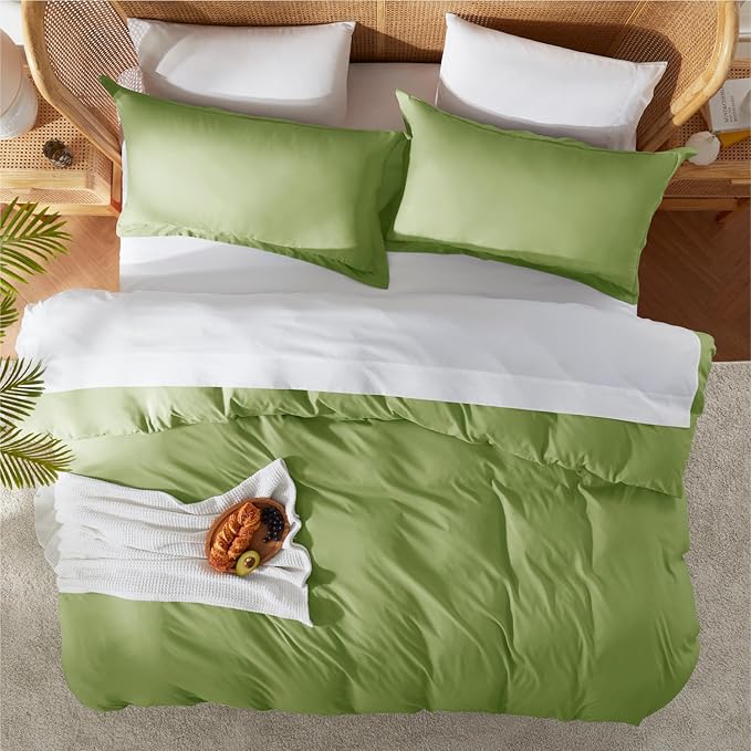Nestl Full Duvet Cover Set with Comforter Insert - Calla Green 4 Piece 80x90 Duvet Cover & 2 Pillow Shams with White Quilted Down Alternative Comforter, Ultra Soft, All Season