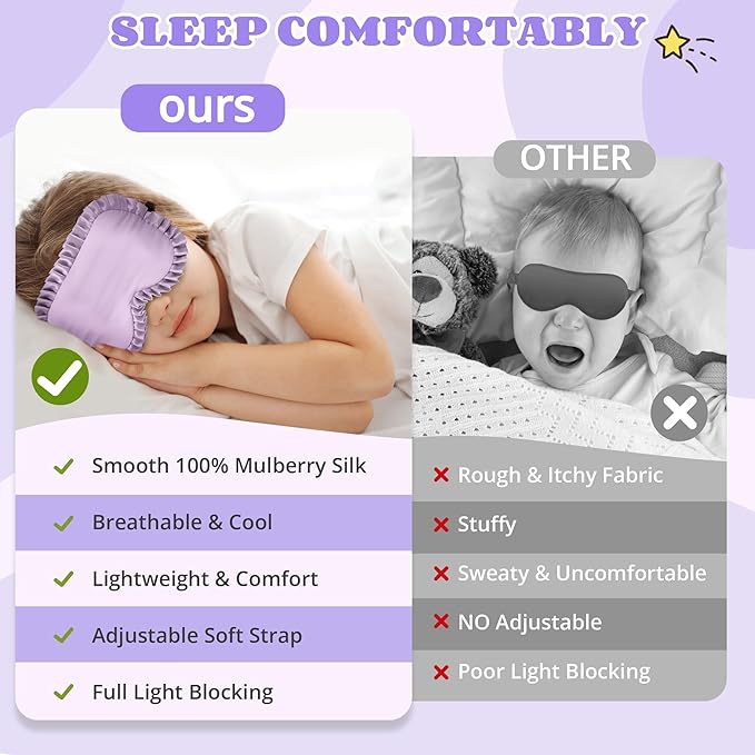 Kids Sleep Mask Eye Cover, 100% Real Mulberry Silk Sleep Mask with Adjustable Strap, Kids Blindfold for Sleeping, Boys Girls Eye Shade for Ages 5+, Soft and No Pressure (Purple)