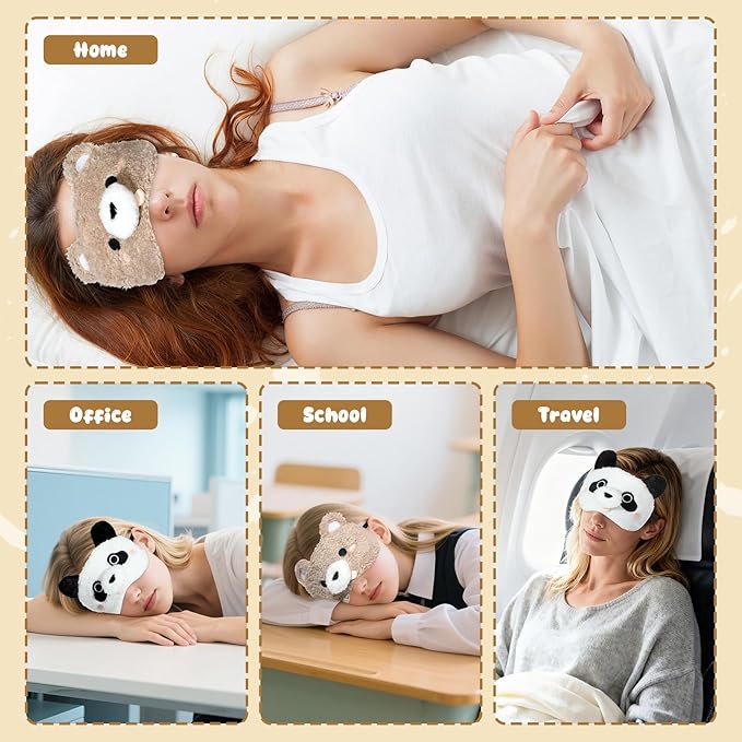 NEWEST 2 Pcs Cute Plush Animal Sleeping Masks, Soft Panda Bear Eye Cover for Sleeping with Elastic Strap, Funny Cartoon Eyeshade Blindfold for Blackout Travel Nap Night Sleep Party Girl Boy