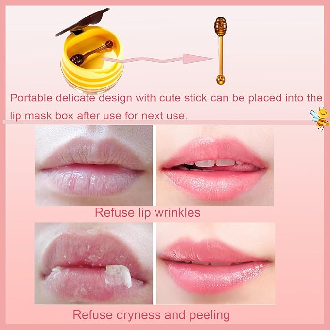 4 PCS Bee Lip Balm Honey Pot, Honey Strawberry Watermelon Apple Sleeping Lip Mask Overnight with Sticks, Exfoliating Prevention Dry and Crack Lip Scrubs
