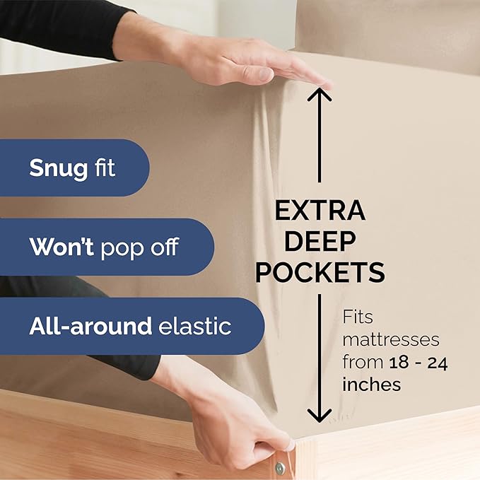 Extra Deep Full Sheet Set - 4 Piece Breathable & Cooling Bed Sheets - Easily Fits 18 to 24 inch Mattress - Ultra Soft, Wrinkle & Fade Free w/ Extra Deep Pockets - Comfy Hotel Luxury Bedding - Wheat