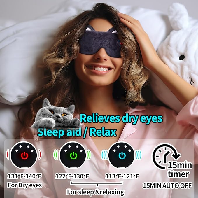 Cordless Heated Eye mask,Cute Sleep Eye mask for Women,USB Rechargeable Heating Eye pad with Battery Indicators,Warm Eye Compress for Relief Dry Eyes,Stye,Electric Portable Gift (Black)