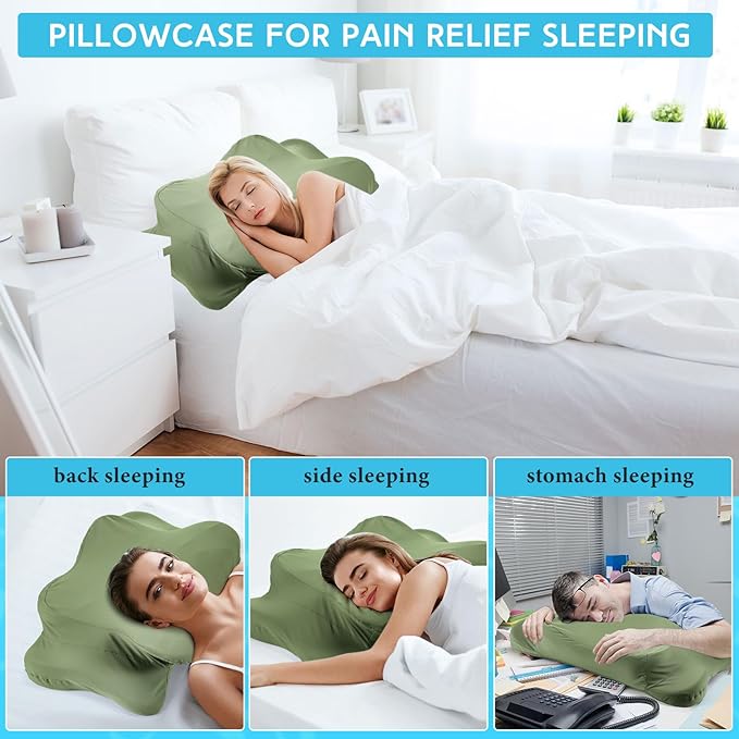 Hahafelt Cooling Cervical Neck Pillowcase Cover (Only Pillow Case) Ergonomic Pillowcase with Zipper Breathable Contour Pillow Cover for Side Back Stomach Sleepers(Saga Green,Queen Size)