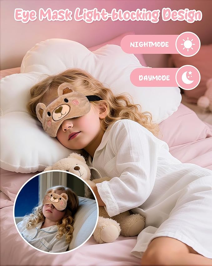 Miss Adola Sleep Mask for Kids - Valentines Gift for Kids Cute Plush Fuffy Sleeping Eye Cover Kawaii Soft Eyeshade Animal Eye Blindfold for Girls Boys Teens with Adjustable Strap, Bear
