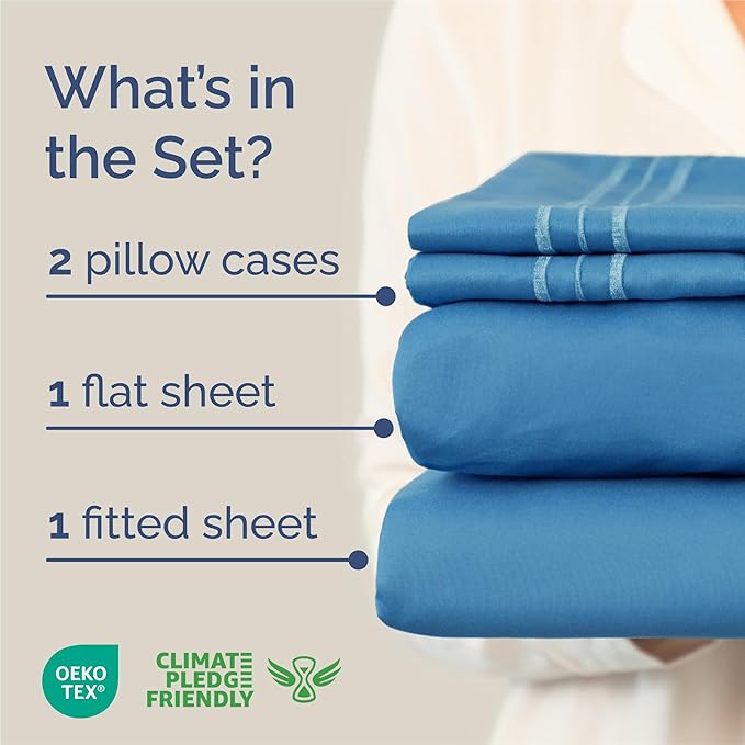 King Size 4 Piece Sheet Set - Comfy Breathable & Cooling Sheets - Hotel Luxury Bed Sheets for Women and Men - Deep Pockets, Easy-Fit, Soft and Wrinkle Free Sheets - Denim Blue Oeko-Tex Bed Sheet Set