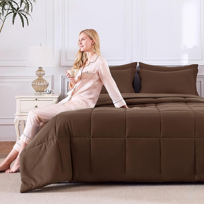 CozyLux Queen Comforter Set Brown - 7 Pieces Bed in a Bag Queen, All Season Breathable Bedding Sets, Oeko-Tex Certified Bed Set with Down Alternative Comforter, Sheets, Pillowcases & Pillow Shams