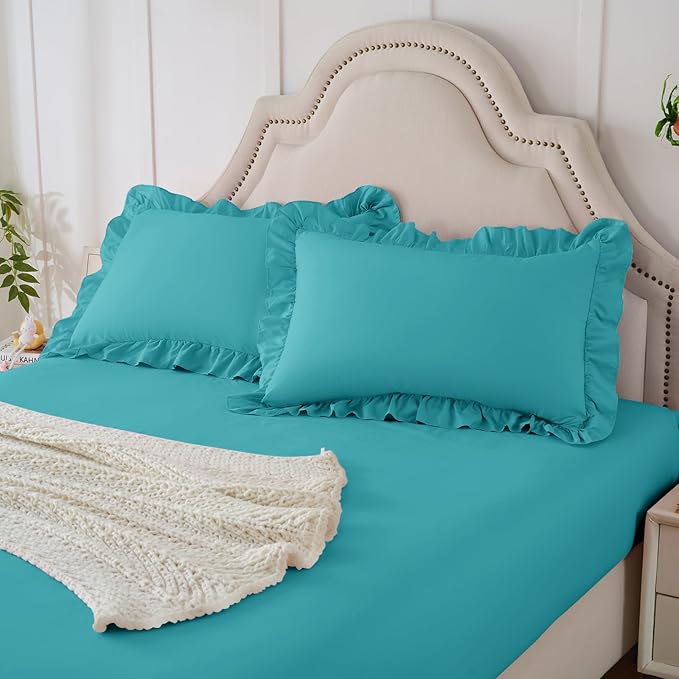 Homiest 3-Pieces Ruffle Pillow Case & Fitted Sheet Set, Teal Blue King Sheets with 2 Ruffled Pillow Shams, 15 Inch Deep Pocket, Cute & Coquette Microfiber Bed Set for Decorating Bedroom Hotel