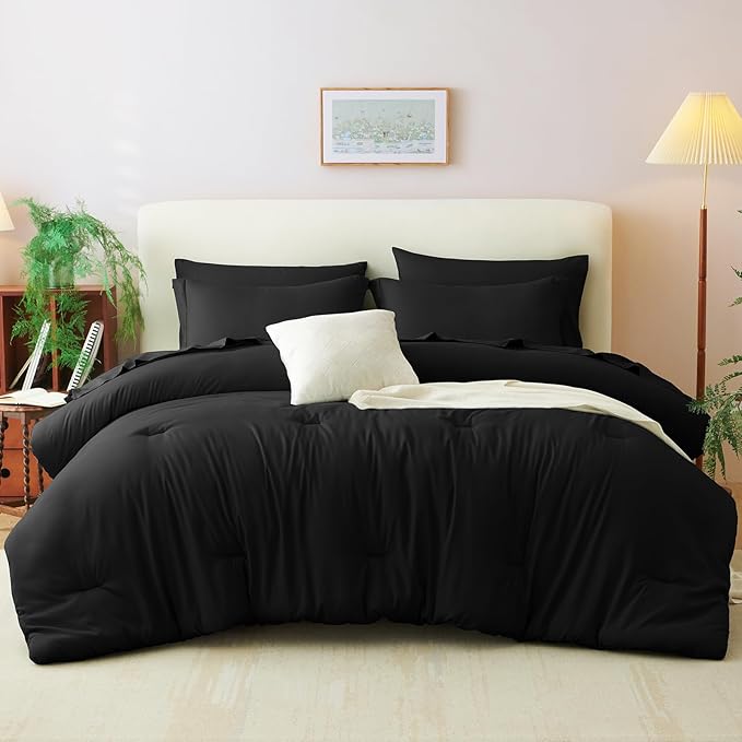 CozyLux Full Size Comforter Sets Black, 7 Pieces Bed in a Bag Full Comforter Set with Sheets, Luxury Soft Bedding Set with Down Alternative Comforter, Fitted Sheet, Flat Sheet, Pillowcases & Shams