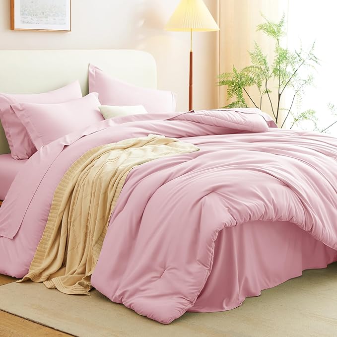 CozyLux Full Size Comforter Sets Pink, 7 Pieces Bed in a Bag Full Comforter Set with Sheets, Luxury Soft Bedding Set with Down Alternative Comforter, Fitted Sheet, Flat Sheet, Pillowcases & Shams