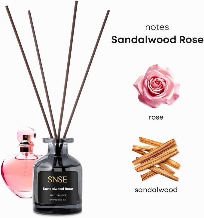 SNSE Sandalwood Rose Reed Diffuser Set | 3.38 oz Scent Fragrance Oil Diffuser for Bedroom, Bathroom, Home Décor and Gift, Decorative Air Fresheners with Sticks