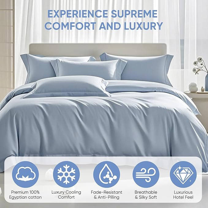 TWK 1200 TC 100% Egyptian Long-Staple Cotton Bedding Sheets Set, Luxury Hotel Style Deep Pocket with Elastic Reinforced Seams Sheet Set, Soft & Comfy Natural Sheets (French Blue, Full)