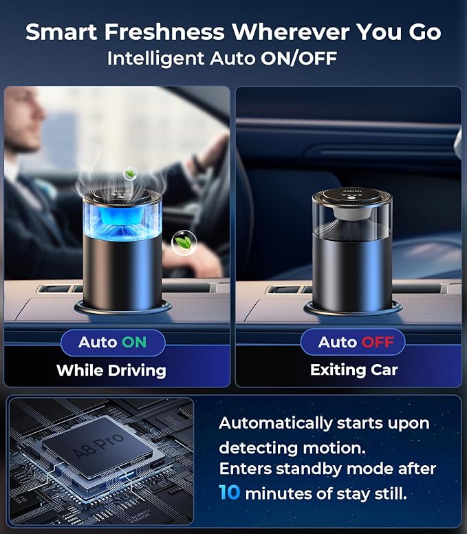 Hitolza Smart Car Air Fresheners, Ambient Light & Mist Fragrance, Auto On/Off Car Air Freshener Diffuser, Adjustable Intensity, Lasts 6 Months, Built-in Battery, Premium Scents Refill X2 - Sakura