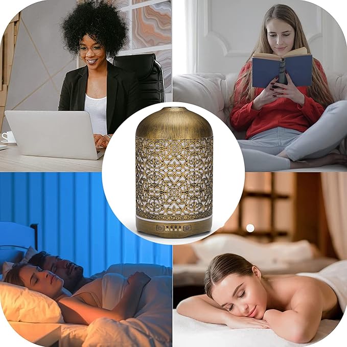 250ML Essential Oil Aromatherapy Diffuser for Home Bedroom Office Metal Hollow Decorative Room Ultrasonic Air Scent Mist Aroma Diffuser -Gold