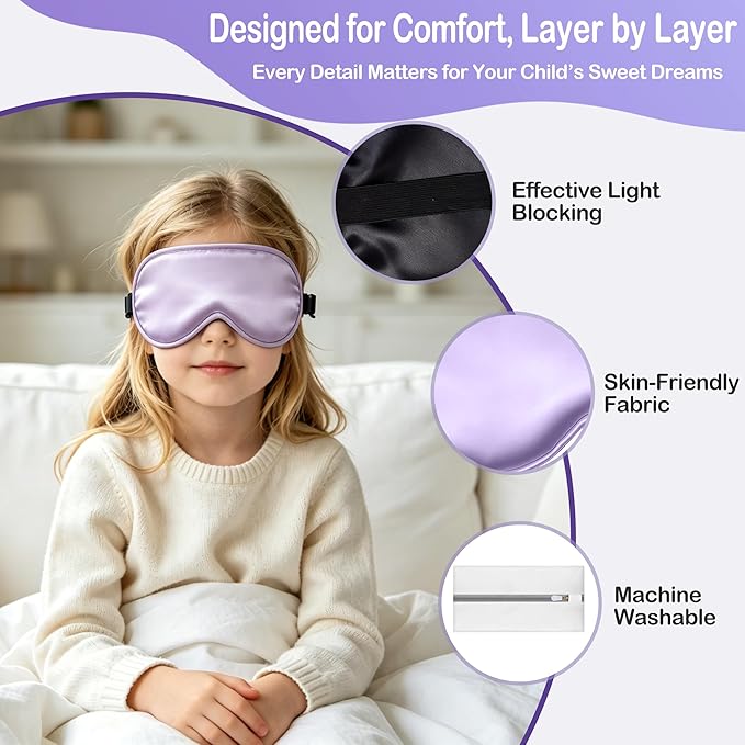 Kids Sleep Mask Eye Cover, Silk Sleeping Mask for Kids, Soft Blackout Blindfold Eye Mask with Adjustable Strap & Laundry Bag for Easy Washing, Gift for Girls Boys Ages 5-15 (Purple)