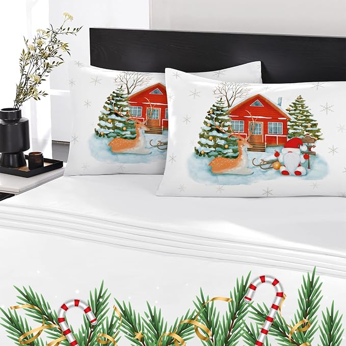 YIYEA Christmas King Size Pillow Cases Set of 4, Ultra Soft Double Brushed Microfiber Red Pillowcases and Christmas Pillow Covers, Envelope Closure, Fade Resistant (20"x36")