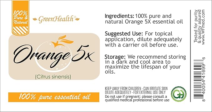 Orange 5X Essential Oil – 8 fl oz (237 ml) Aluminum Bottle w/Plug Cap – 100% Pure Essential Oil – GreenHealth