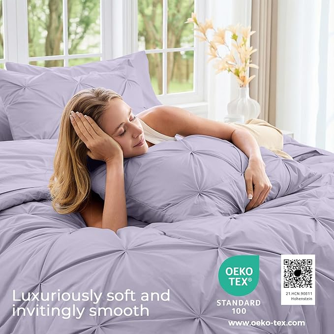 Sasttie Twin XL Comforter Set, 5-Piece Bed in a Bag, Pintuck Bedding Sets for All Season, Includes Comforter, Flat Sheet, Fitted Sheet, Pillowcase and Pillowsham, Lavender