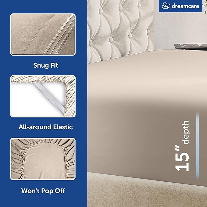 DREAMCARE Queen Sheet Set - 6 pcs Breathable Cooling Bed Sheets - up to 15" Deep Pocket Queen Sheets Set with Side Pockets - Extra Soft 100% Brushed Hypoallergenic Hotel Luxury Bedding - Beige