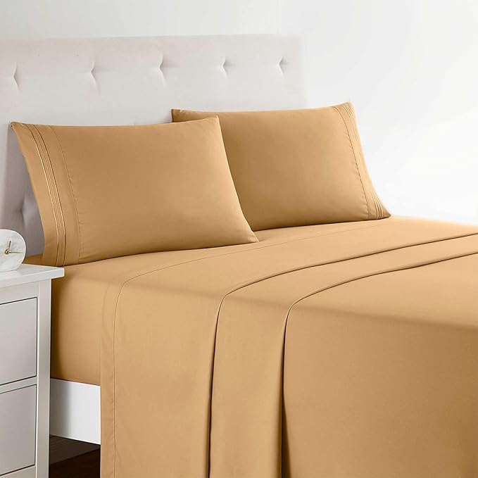 Clara Clark Full XL Bed Sheet Set - Wrinkle, Fade, Stain Resistant, Deep Pocket Sheets - Luxury Soft Bedding Sheets & Pillowcases, Full XL Camel Gold