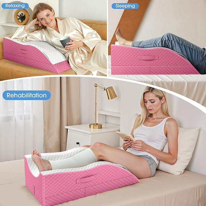 TranquilRelax Elevation Pillows for Leg After Surgery, Memory Foam Adjustable Wedge Pillow for Injury or Rest, Ankle Pillow for Sleeping Blood Circulation Pink/Double Leg