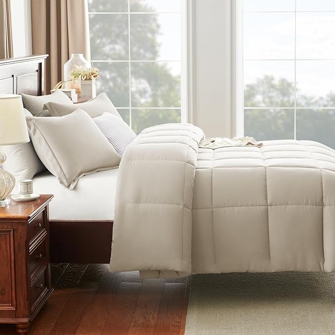 CozyLux Full Size Comforter Sets - Beige Comforter Full Size, 3 Pieces Box Stitched Bed Set for All Seasons, Soft Lightweight Bedding Sets with 1 Down Alternative Comforter and 2 Pillow Shams