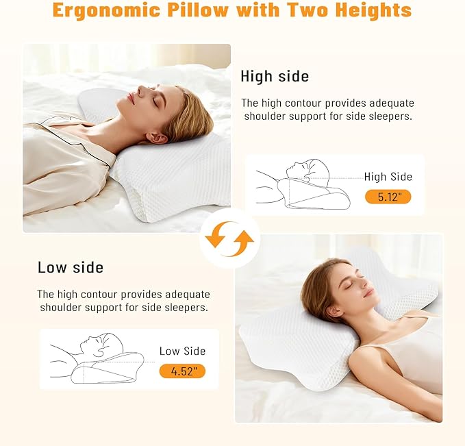 Cervical Neck Pillow, Memory Foam Pillow for Neck Pain Relief, Ergonomic Bed Pillow with Neck Support for Side, Back & Stomach Sleepers, Queen Size, White