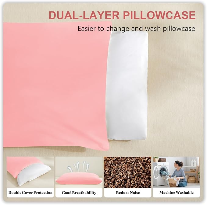 MIOTO Organic Buckwheat Pillow for Sleeping with Dual-Layer Pillowcase and Extra Tartary Buckwheat Hulls, Adjust Height and Firmness, Neck Support Pillow for Back and Side Sleepers 20"x26", Pink