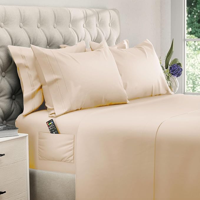 DREAMCARE King Size Sheets Set - 6 pcs Breathable Cooling Bed Sheets - up to 15" Deep Pocket King Sheet Set with Side Pockets - Extra Soft 100% Brushed Hypoallergenic Hotel Luxury Bedding - Wheat