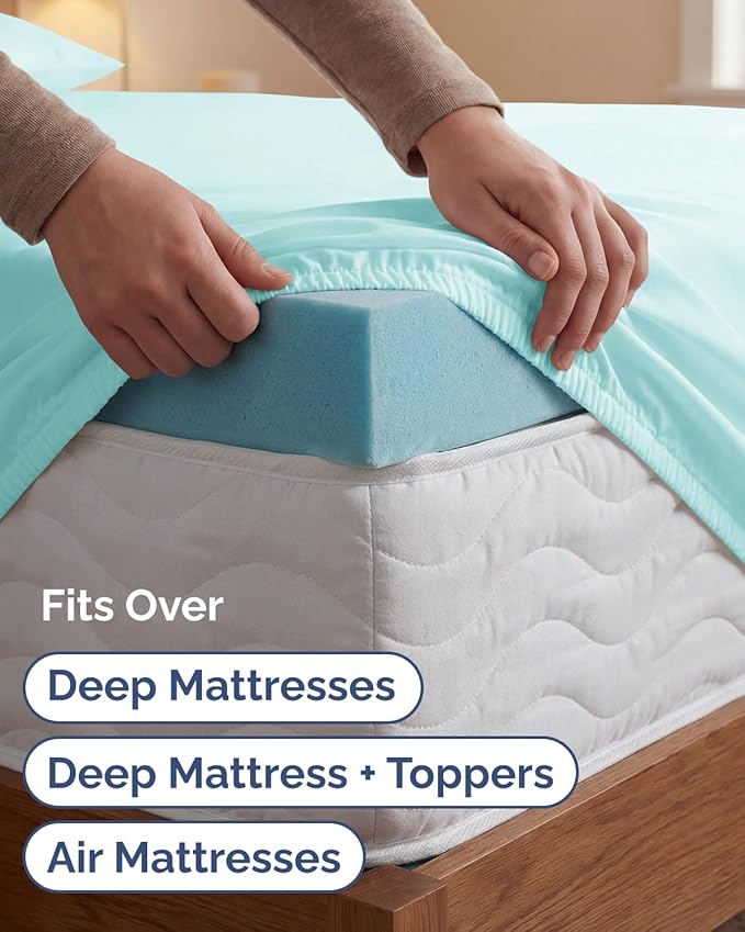 Extra Deep Twin XL Sheet Set - 3 Piece Breathable & Cooling Bed Sheets - Easily Fits 18 to 24 inch Mattress - Ultra Soft, Wrinkle & Fade Free w/ Extra Deep Pockets - Hotel Luxury Bedding - Spa Blue