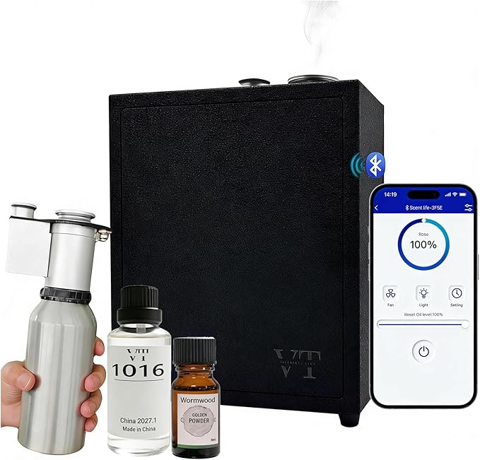 4000 Sq.Ft HVAC Smart Scent Diffuser for Home All-metal material. Suitable for large residences, hotels or offices. Capacity 500 ml Includes fragrance essential oil set. Supports Bluetooth APP control