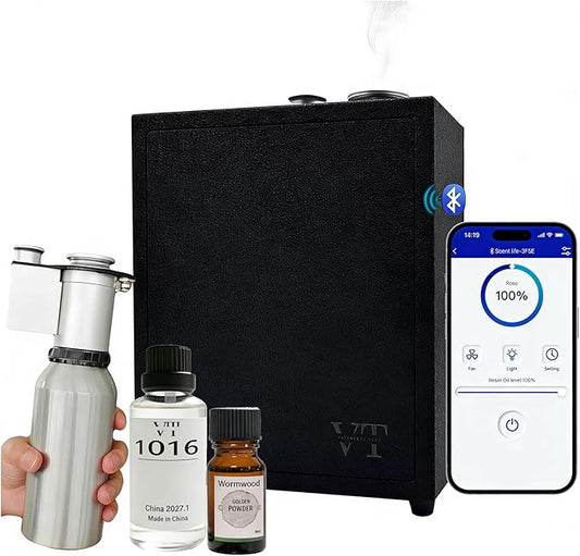 4000 Sq.Ft HVAC Smart Scent Diffuser for Home All-metal material. Suitable for large residences, hotels or offices. Capacity 500 ml Includes fragrance essential oil set. Supports Bluetooth APP control