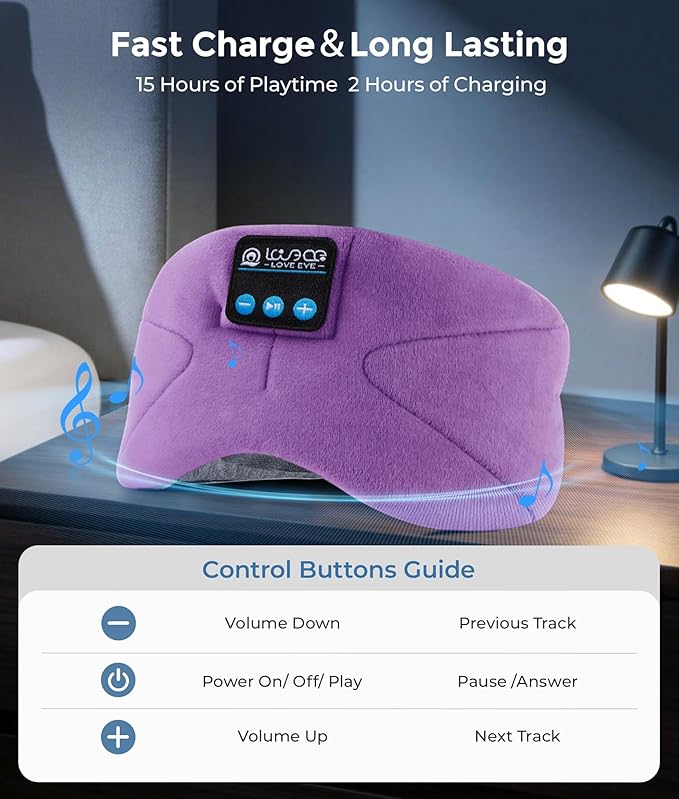 LOVE EYE Sleep Headphones Bluetooth 5.4 Sleeping Eye Mask Wireless Music Earphones with HD Speakers for Side Sleepers Total Blackout Cotton Mask for Travel, Office, Unique Gifts (Lavender Purple)