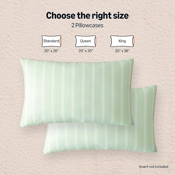 Amazon Basics Stripe Cooling Pillow Cases for Hot Sleepers, Soft Cooling Pillow Covers with Envelope Closure, 20" x 36", King, Aloe Green, Pack of 2