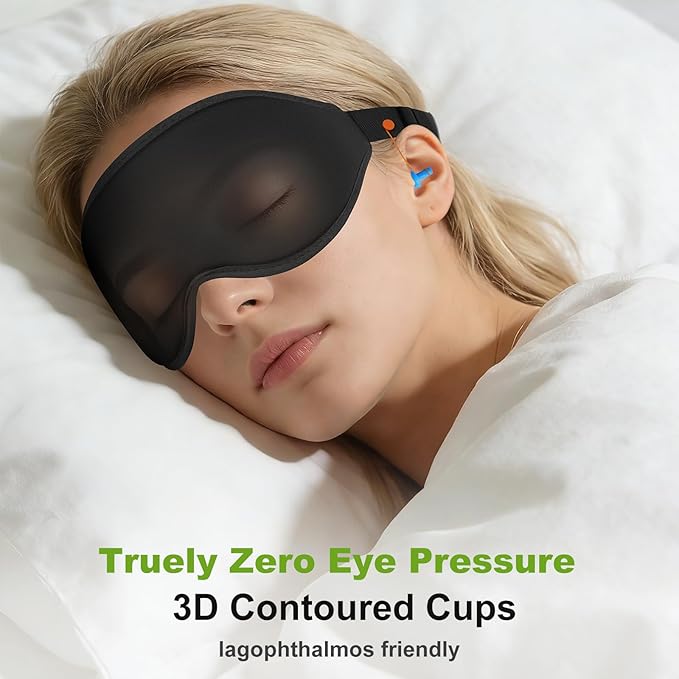3D Contoured Sleep Mask with Earplug Retainer Cord,100% Pressure-Free & Total Light Blocking Eye Mask with Adjustable Strap. Ideal for Sleep Earplug User, Airplane Travel, Meditation Black