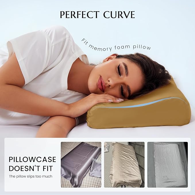 THXSILK 19 Momme 100% Mulberry Silk Pillowcase for Contour Memory Foam Pillow, Contour Pillow Case Cover, Cervical Pillow Case, Pack of 1(Metallic Gold, 21"x14.5"x4.9"/4.2")