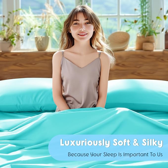 SONORO KATE 100% Egyptian Cotton Sheets Set - 1000 High Thread Count, Luxury 5-Star Hotel Sateen Bed Sheets, Soft, Breathable Long Staple Sheets, Fit up to 16" - 4 PC (Seafoam,King)