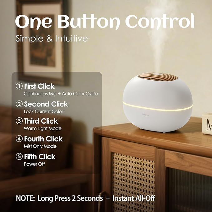 Soulorigin 100ml Mini Essential Oil Diffuser, Portable Aromatherapy Diffuser with Warm Light, One-Button Control, Auto Shut-Off, Quiet Ultrasonic Mist for Home, Travel, Yoga, Meditation (White)