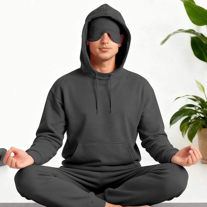Ainangua Mens Oversized Pullover Essentials Hoodie with Eye Mask Built In Comfor Airplane Mode Travel Sleep Wearable Blanket