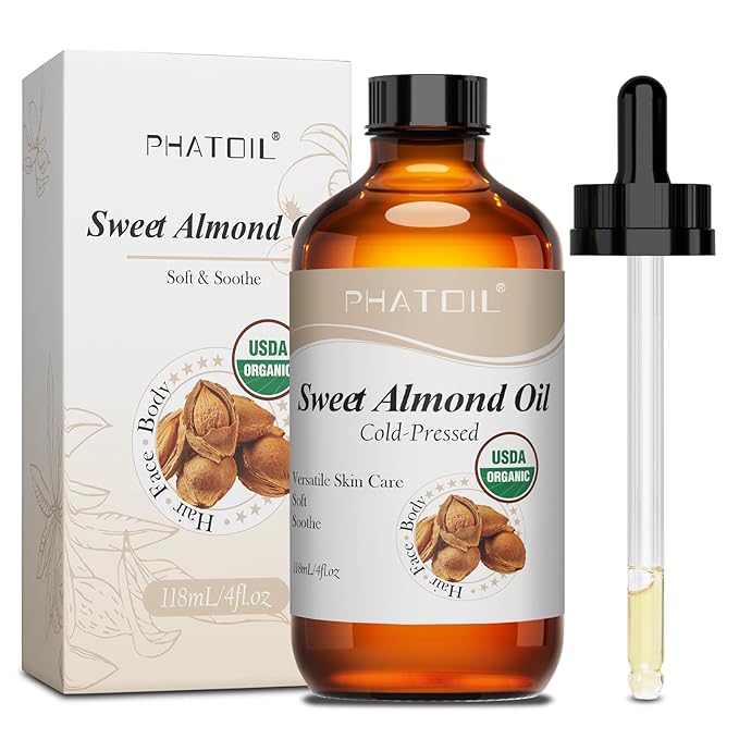 PHATOIL Organic Sweet Almond Oil for Skin 118 ml (4 fl.oz), USDA Certified Organic, Cold Pressed Almond Oil in Glass Bottle for Hair, Face, Body Moisturizer, Carrier Oil for DIY, Massage