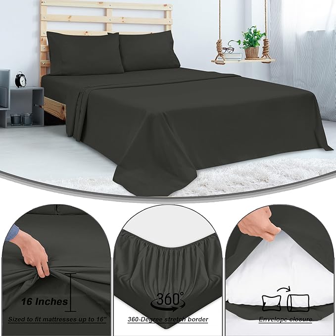 ROYALE LINENS 300 Thread Count 100% Long Staple Combed Cotton Sheet Set - 4 Piece King Bed Sheet 1 Fitted Sheet, 1 Flat Sheet, 2 Pillow Cases - Breathable, Cool & Crisp Percale Sheet Set (King, Black)
