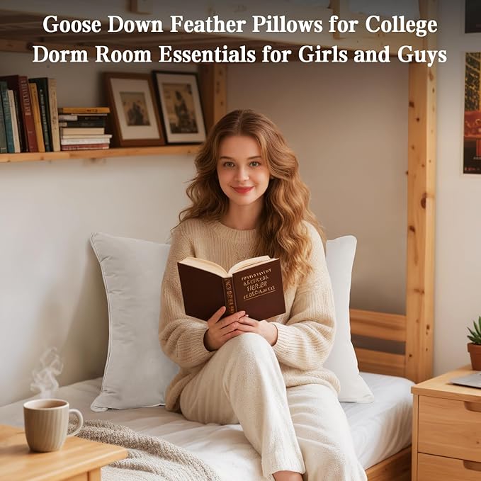 BHZ Goose Down Feather Pillows Queen Size Set of 2, Hotel Collection Bed Pillows for Sleeping Medium Firm Soft Support Pillow for Side and Back Sleepers