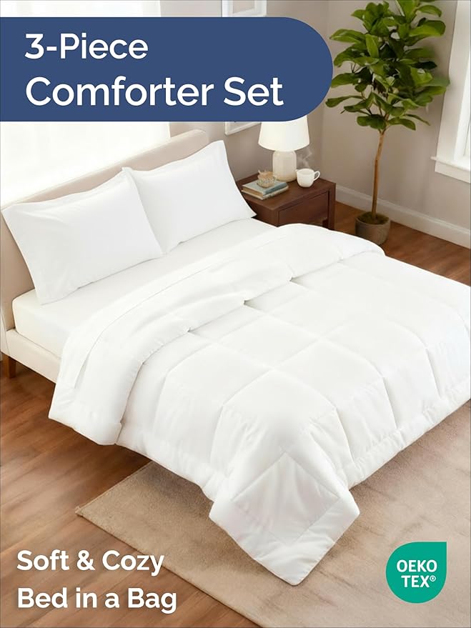Queen Comforter Set - 3 Piece Bed Set for All Seasons - 1 Soft Quilted Comforter with Corner Tabs & 2 Pillow Shams - Comfy, Cozy & Breathable - Premium Down Duvet Insert - Oeko-TEX - Queen Size, White