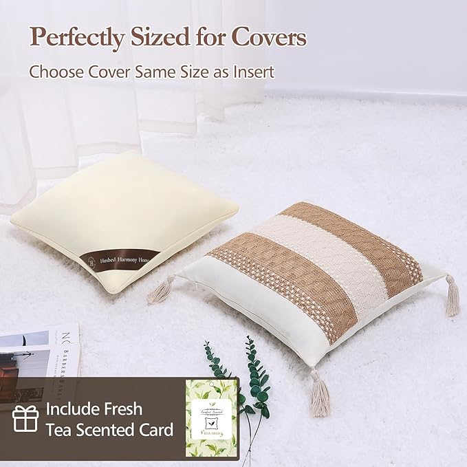 14x14 Pillow Inserts Set of 2- Shredded Memory Foam Pillow Forms - 3-Layer Hybrid Design for Lumbar Support, Small Throw Pillow Insert for Office Chair & Nursery Beige