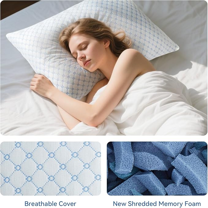 Cooling Bed Pillows for Sleeping Set of 2, Shredded Memory Foam Pillows for Bed Standard Size 2 Pack, Adjustable Cool Pillow for Side, Back and Stomach Sleepers Neck Supportive