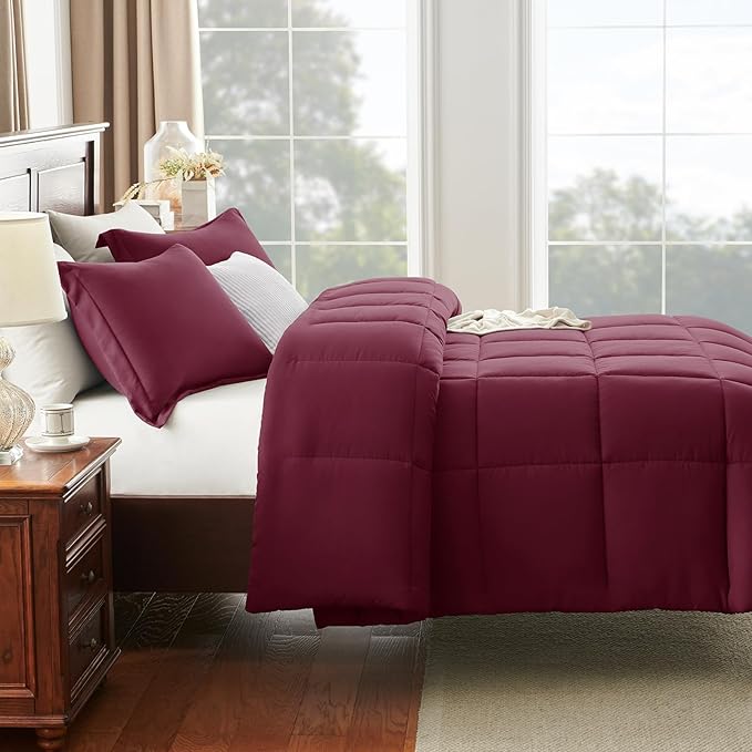 CozyLux Full Size Comforter Sets - Burgundy Comforter Full Size, 3 Pieces Box Stitched Bed Set for All Seasons, Soft Lightweight Bedding Sets with 1 Down Alternative Comforter and 2 Pillow Shams