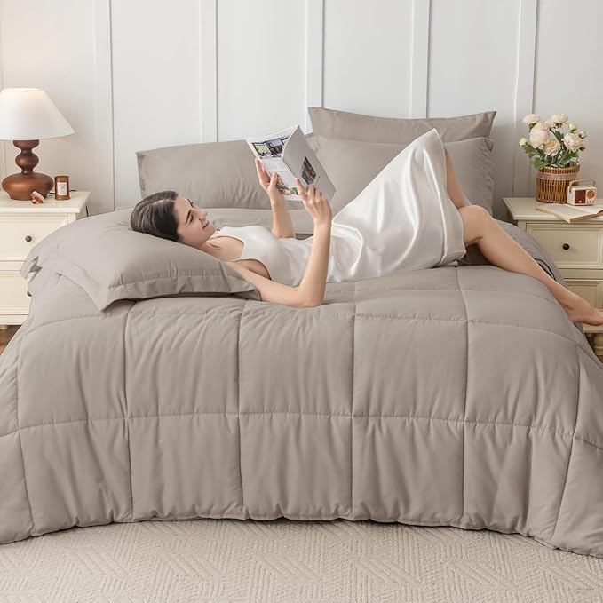 JOLLYVOGUE California King Comforter Set, Ultra-Soft Bed in a Bag Cal King Size 7 Pieces, Oeko-TEX Certified Bedding Set with Down Alternative Comforter, Sheets, Pillowcases & Shams, Khaki