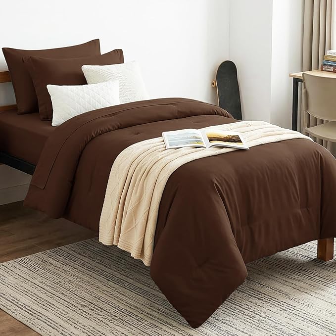 CozyLux Twin XL Comforter Set Brown, 5 Pieces Bed in a Bag Twin Extra Long Comforter Set with Sheets for College Dorm, Luxury Bedding Sets with Down Alternative Comforter, Sheets, Pillowcase & Sham