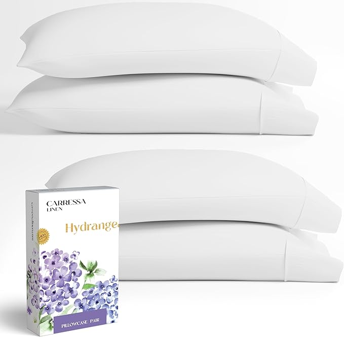 Carressa Linen 100% Egyptian Cotton King Size Pillow Cases Set of 4 - Luxury 600 Series Hydrangeas Collection King Pillowcases (White), Soft Cooling, Sateen Weave Hotel Quality Bed Pillow Cover