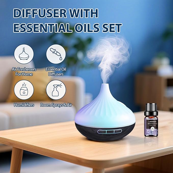 500 ML Diffuser for Home, Aroma Diffuser & 12 Essential Oils Set for Large Room, 14 Colour Changes, Timer and Auto-Off Function